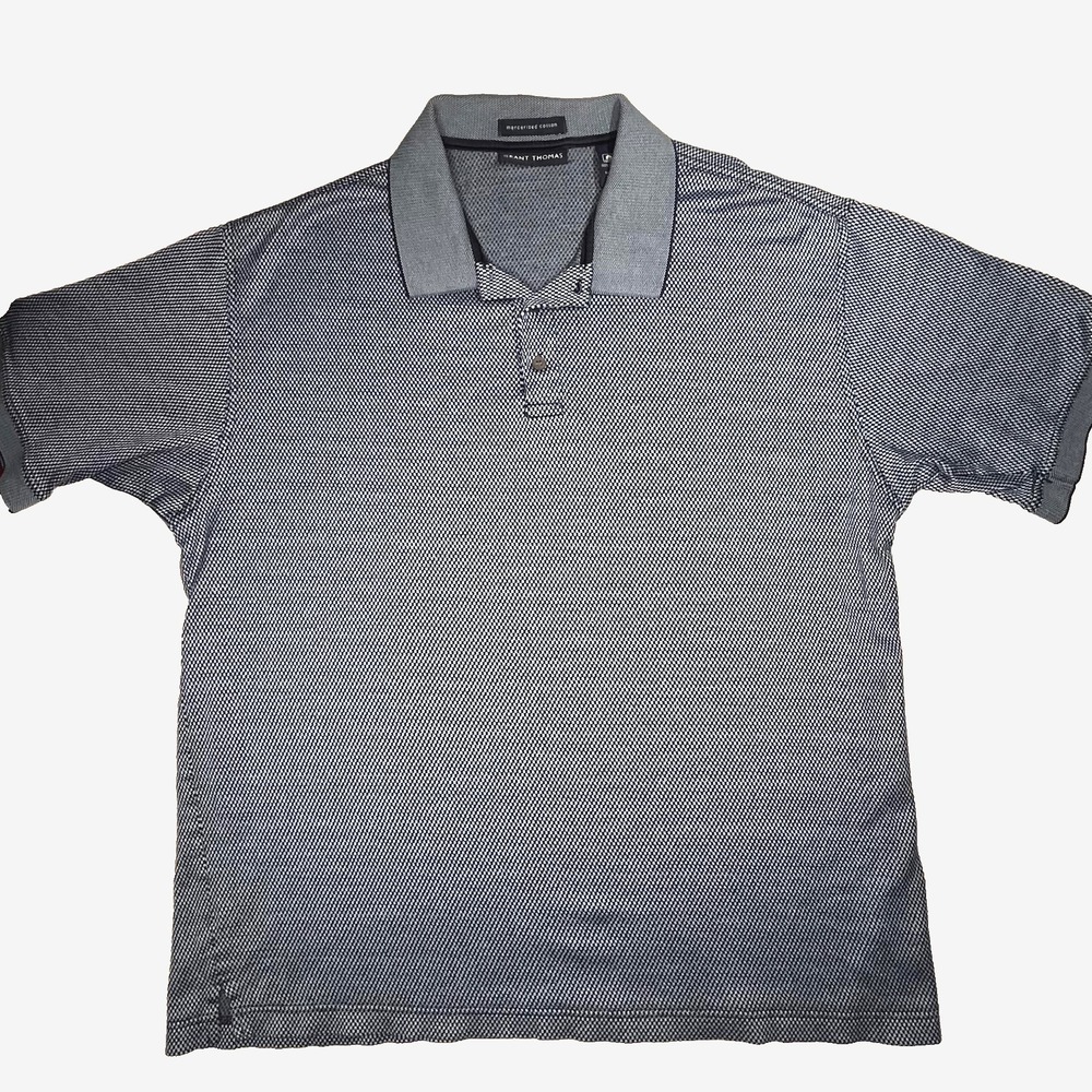 Vtg Grant Thomas Polo Shirt Mens XL‎ Blue Mercerized Cotton Check Short Sleeve